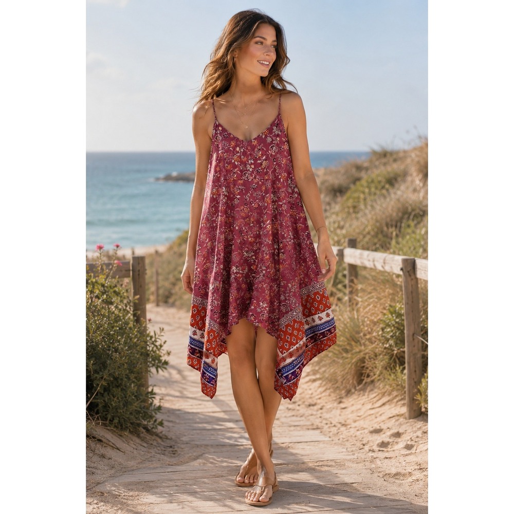 Beachlunchlounge Floral Paisley Handkerchief Hem Midi Dress Mauve Large L/G
